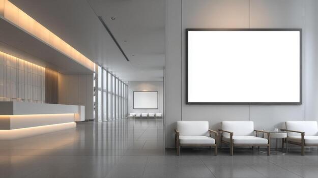 Modern Office Lobby with Blank White Billboard Mockup, Reception Desk, and Comfortable Seating Area photo