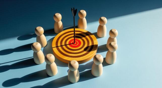 Team Surrounding Target with Arrow Hitting Bullseye, Representing Goal Achievement and Successful Collaboration photo