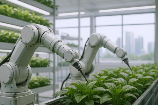 Robotic Arms in Vertical Farm Cultivating Plants, Future of Agriculture Concept with Automation photo