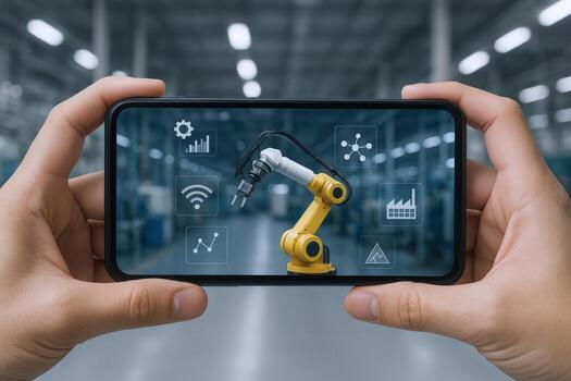 Hands Holding Smartphone Displaying Robotic Arm in Factory, Concept of Automation and Industry 40 photo