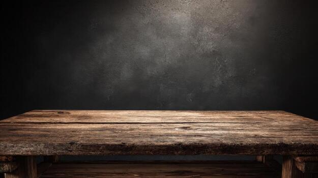 Rustic Wooden Table with Dark Textured Background, Ideal for Product Mockups and Food Photography photo
