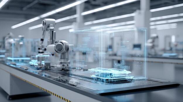 Automated robotic arm processing parts in factory production line, showcasing industry 40 and modern manufacturing photo