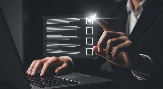 Digital Checklist Completion with Touchscreen Interface on Laptop, Illustrating Modern Productivity and Efficiency photo