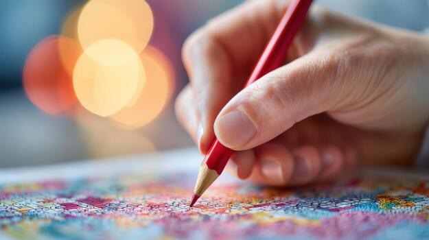 de cerca de mano colorante un detallado y vistoso resumen modelo con un rojo lápiz foto