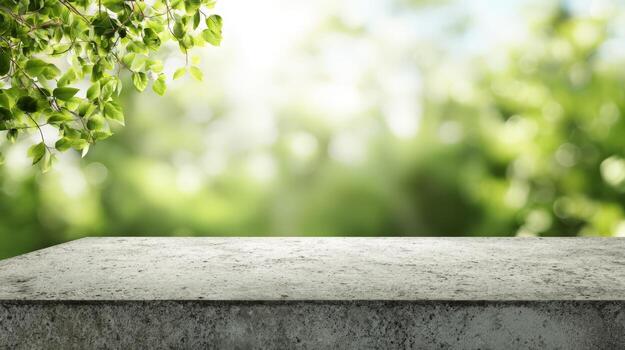 Concrete Surface with Greenery Backdrop Ideal for Product Mockups and Nature-Themed Advertising photo