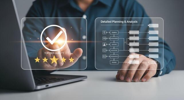 Customer Satisfaction Concept Man Interacting with Digital Interface Displaying Ratings and Detailed Planning Analysis on Laptop photo