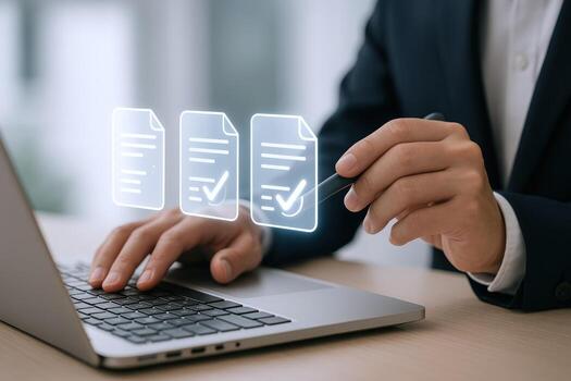 Digital Document Management Businessman Approving Files on Laptop, Online Verification and Workflow Automation photo