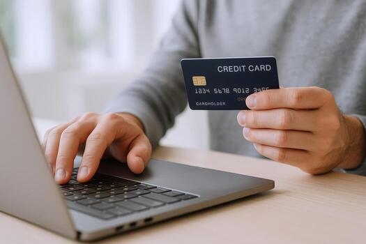 Online Payment with Credit Card on Laptop Secure Digital Transaction and E-commerce Concept photo