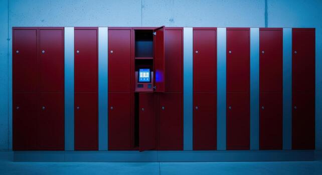 Modern Red Lockers in a Public Space with Digital Interface and Open Door for Security photo