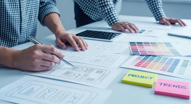 UX Design Team Collaborating on Mobile App Interface Sketching Wireframes and Planning Project Trends for Development photo