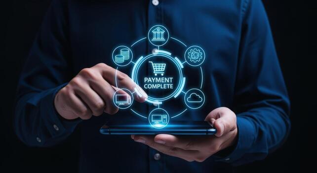 Man Holding Smartphone with Complete Payment Hologram, Online Transaction and Digital Technology Conceptual Presentation photo