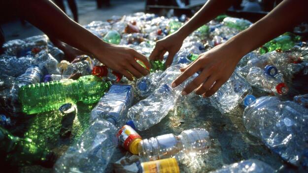 Hands Sorting Recyclable Plastic Bottles, Illustrating Waste Management and Environmental Responsibility in a Community photo