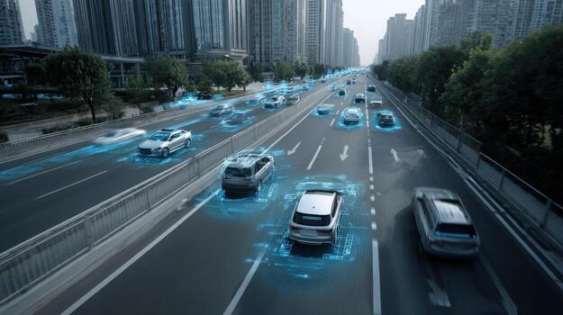 Autonomous Vehicle System Displayed on City Highway, Smart Transportation Technology, Future Mobility and Driverless Concept photo