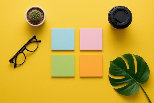 Bright Workspace Flat Lay Colorful Notes, Cactus, Coffee, and Monstera Leaf on Yellow Background photo