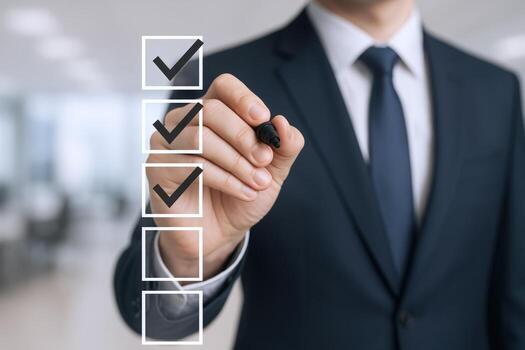 Businessman Completing a Checklist with Pen, Emphasizing Compliance, Accuracy, and Project Management in a Modern Office photo