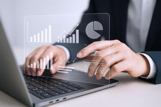 analizando financiero datos en ordenador portátil con transparente interfaz mostrando cartas y gráficos, negocio inteligencia foto