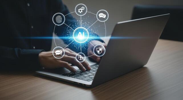 Artificial Intelligence Integration A Businessman Using AI on Laptop, Exploring Digital Future and Innovative Technologies photo