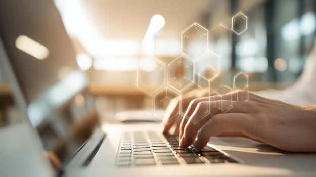 Hands Typing on Laptop with Digital Interface Overlay Technology and Connectivity Concept photo