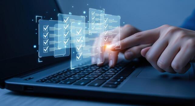 Hands On Laptop Completing Digital Checklist, Highlighting Productivity, Task Management, and Achievement of Objectives photo