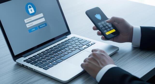 Secure Access with Two-Factor Authentication Businessman Verifying Login Credentials on Laptop and Mobile Device photo