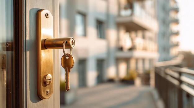 Apartment Door Opens to Balcony View Golden Key in the Lock, Property Ownership photo