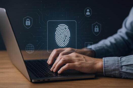 Biometric Security Concept Person Using Laptop with Fingerprint Scan for Secure Access and Verification photo