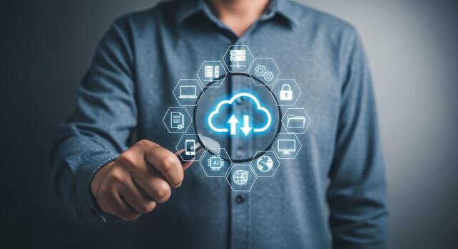 Cloud Computing and Data Management Solutions Businessman Analyzing Digital Information with Magnifying Glass photo