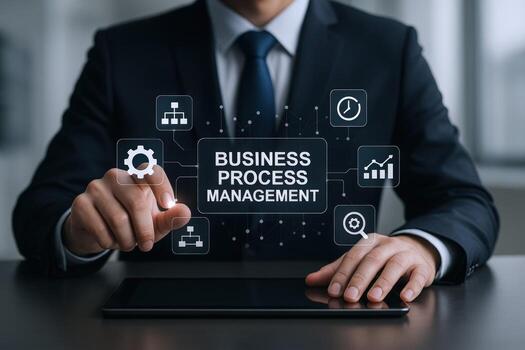 Businessman Activating Business Process Management Interface on Tablet for Optimization and Efficiency in Workflow photo