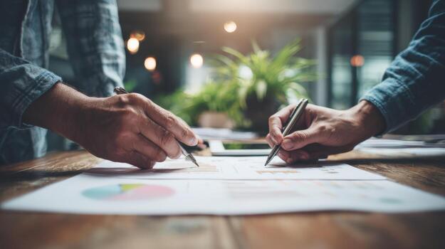 Collaborative Business Meeting Hands Pointing at Financial Charts, Planning Strategy, Analyzing Data, and Brainstorming Ideas photo