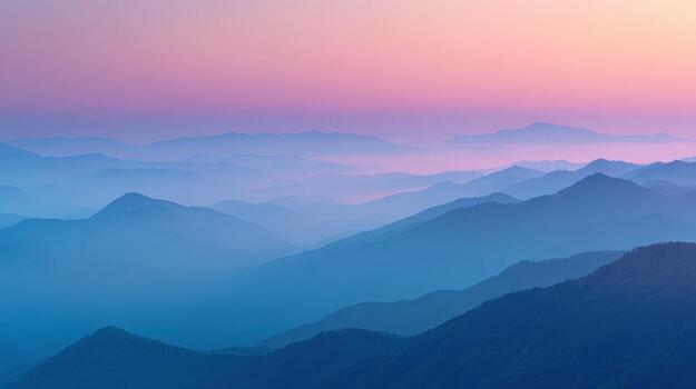 Serene Mountain Range Landscape at Dusk with Soft Pastel Sky Gradient and Layered Mountain Ridges photo