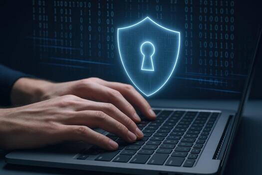 Cybersecurity Professional Working on Laptop with Shield Icon for Data Protection and System Security photo