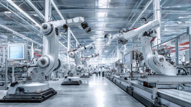 Automated Robotic Arms in Modern Factory for Advanced Manufacturing and Assembly Line Processes photo