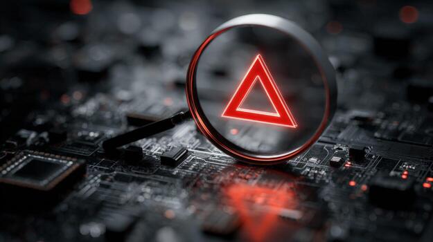 Red Triangle Warning Symbol Magnified on Circuit Board Background - Digital Security Alert and Vulnerability photo
