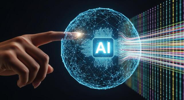 Artificial Intelligence Concept Finger Touching AI Chip, Data Stream, and Futuristic Network photo