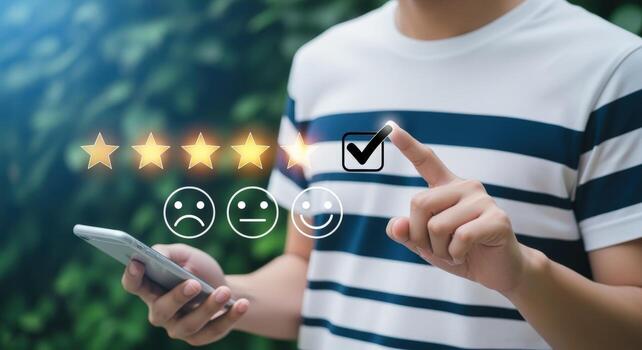 Customer feedback experience Man providing positive review using mobile app with digital five star rating photo