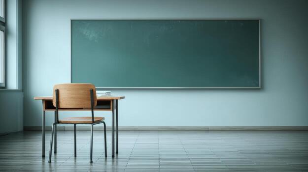 Classroom Interior with Empty Desk and Blackboard, Ready for Education and Learning Concepts photo
