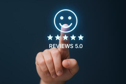 Customer Reviews Concept Hand Touching Glowing Smiley Face and Five Star Rating on Screen photo