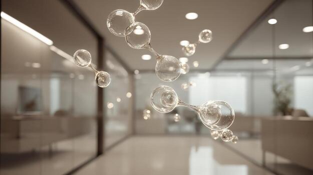 Abstract Molecular Structure Floating in Modern Office Space, Emphasizing Science and Technology Innovations photo
