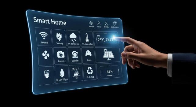 Futuristic Smart Home Control Interface with Hand Interaction Displaying Home Automation System on Black Background photo