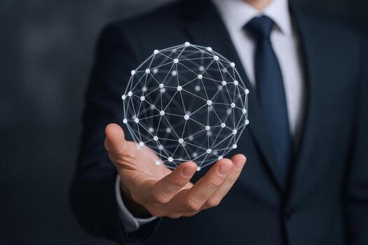 Global Network Concept Businessman Holding a Digital Sphere Symbolizing Connectivity and Innovation in Dark Background photo