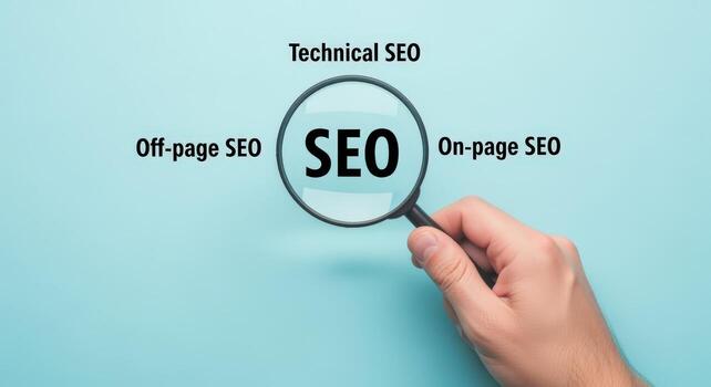 seo mejoramiento concepto mano participación aumentador vaso terminado seo texto en azul antecedentes foto