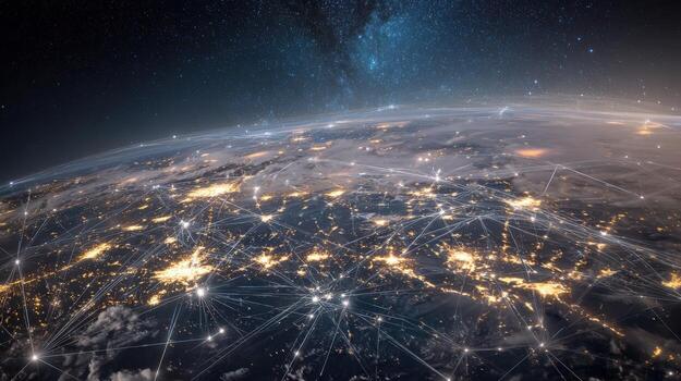 Global Network Connectivity Abstract Visualization of Data Transmission Across the World at Night photo