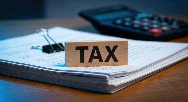 impuesto temporada papeleo de madera bloquear con impuesto texto descansando en financiero documentos, con calculadora foto