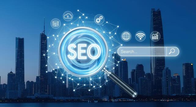 SEO Optimization Strategy with Magnifying Glass over Cityscape at Night Enhancing Online Visibility and Digital Performance photo