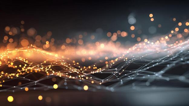 Abstract Technology Background with Glowing Connected Dots, Orange and White Network Visualization, Dark Backdrop photo