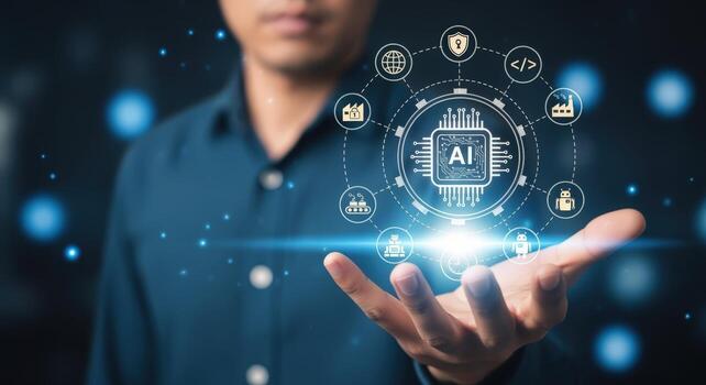 AI Technology Concept Man Presenting Advanced Artificial Intelligence with Holographic Interface and Digital Network photo