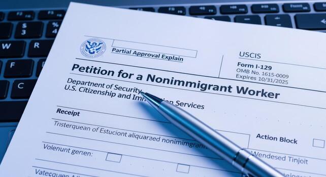 I-129 Petition for a Nonimmigrant Worker application form close up with a pen and part of keyboard photo