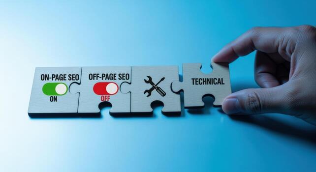SEO Puzzle Pieces Concept On-Page, Off-Page, and Technical Optimization Strategy for Digital Marketing Success photo