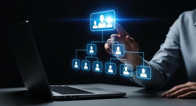 Human Resources Management System Digital Organizational Chart Displayed on Screen and Interacted with by Person photo