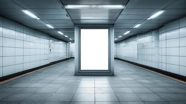 Blank Advertisement Billboard Mockup in a Subway Station Tunnel with Tile Walls and Modern Lighting photo